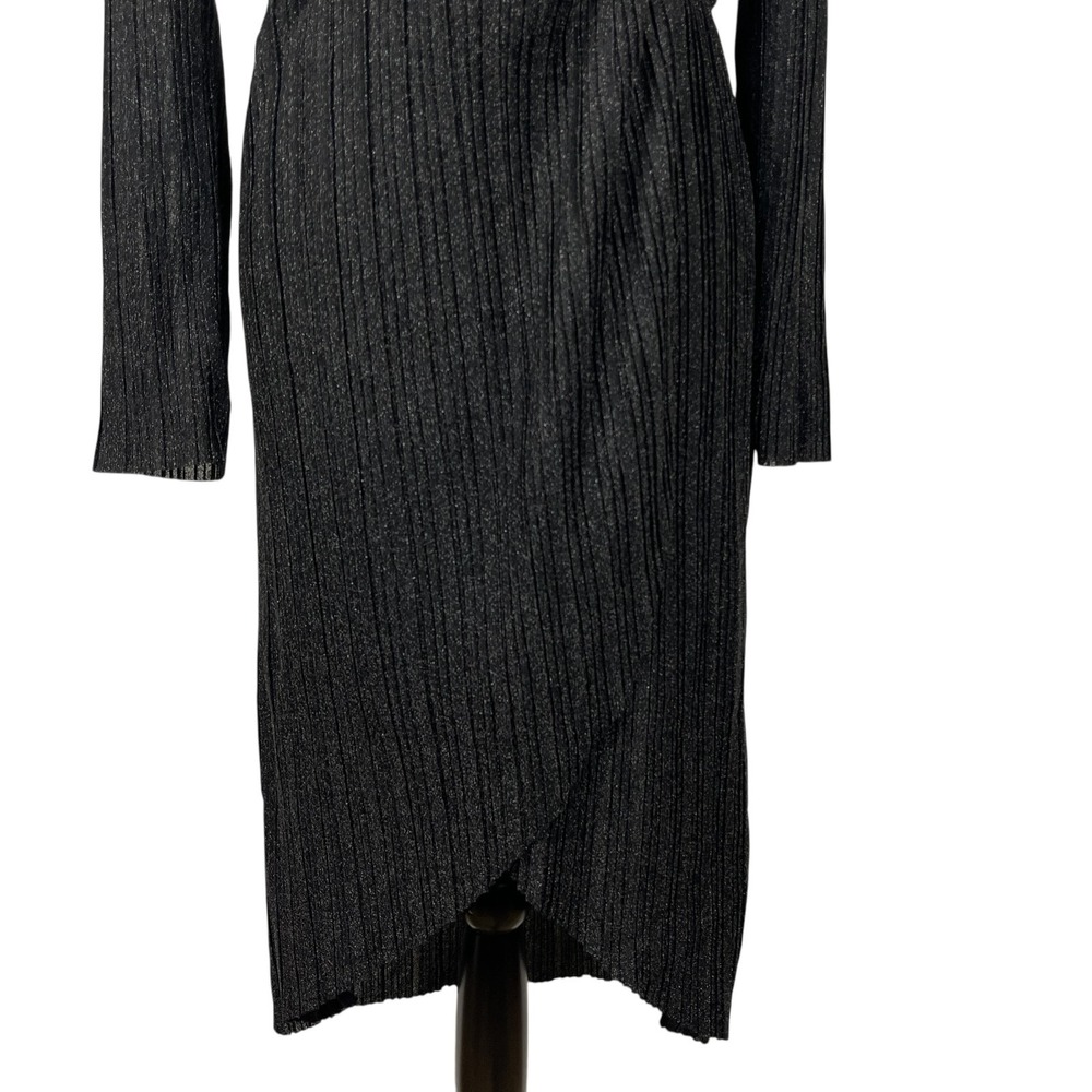Steve Madden Metallic Crinkle Dress Large Black Shimmer Knot Front Long Sleeve - Picture 4 of 14